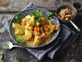 Cauliflower and lentil curry with cashew rice