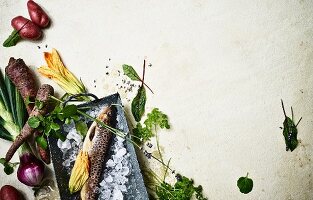Zutaten für Clean-Eating (Fisch, Gemüse und Kräuter)