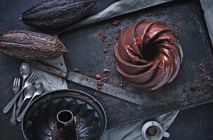 Chocolate cake, a baking tray and cacoa pods