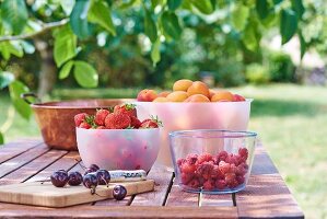 Holzbrett mit Kirschen, Himbeeren, Aprikosen und Erdbeeren in Schalen auf Gartentisch