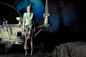 Futuristic Fashion: Blonde Frau vor Raumfahrtmaschine
