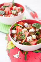 2 x Childen's salad bowls with tomato wedges, feta cheese and basel – balsamic vinegar and pepper