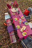 A festively laid table in an autumnal garden