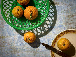 Bitter oranges in and around a plastic basket