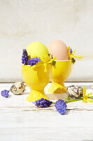 Gelbe Eierbecher österlich dekoriert mit Forsythien- und Hyazinthenblüten