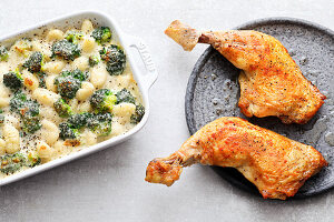 Sous vide chicken legs with broccoli gratin
