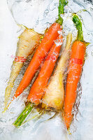 Sous vide root vegetables in water