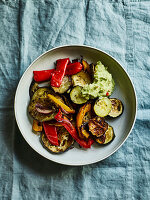 Marinated, oven-roasted vegetables with lime guacamole