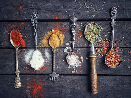 Various spices on old spoons