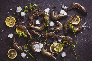 Fresh Tiger Prawn and lemon slices placed on a dark tabletop