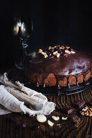 Autumnal cranberry and chocolate cake with nuts