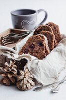 Mulled wine and cherry cake with shadow morels and marzipan