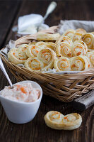 Puff pastry slices with salmon and horseradish cream cheese