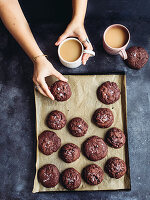 Chocolate biscuits on a baking tray