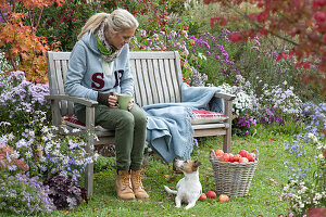 Woman on wooden bench on bed with autumn asters, basket of apples, dog Zula