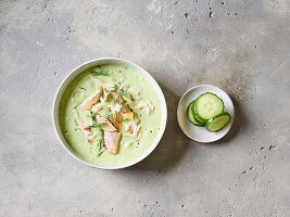 Cold buttermilk and cucumber soup with trout