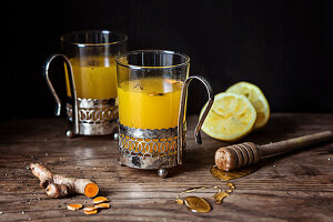 Hot turmeric and lemon tea with honey
