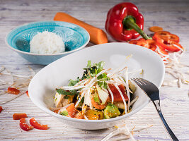Asiasalat mit Hähnchenbrust, Sojasprossen, Reis, Paprika, Karotten und Kerbel