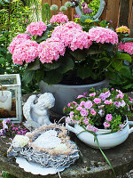 Hydrangea, angel statue, mini petunias, vine heart and candle lantern