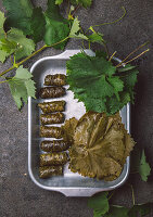 Pickled and stuffed vine leaves in aluminium foil