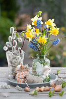 Small spring arrangement with a bouquet of daffodils and grape hyacinth, onions and pussy willow