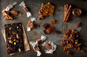 Selection of homemade candies on vintage cookie sheet