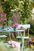 Flowers on set table below tree in summery garden