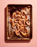 Roasted shrimps on an old baking tray