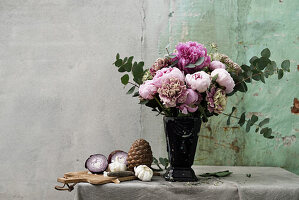 Bouquet of peonies and eucalyptus