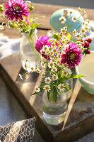 Garden flowers in glass bottles as decoration for picnic on lake