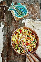 Tagliatelle with chilli, mushrooms, courgettes, olive oil and thyme