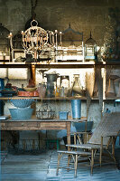Antique and vintage gardening equipment in summerhouse