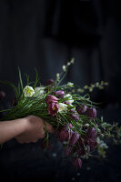 Hand holding bouquet of snake's head fritillaries