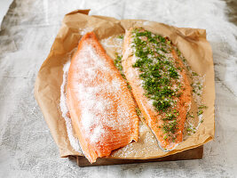 Pickled salmon with salt and dill