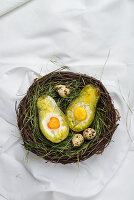 Avocado with baked eggs in an Easter basket