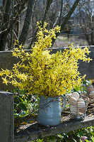 Bouquet made of gold bells branches on bench in the garden, wire basket with Easter eggs