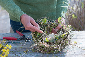 Woman winds wreath as an Easter basket made of gold bells branches, hornbeam, cornel and grasses
