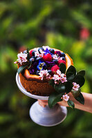 Baked cheesecake with mixed berries and flower toppings