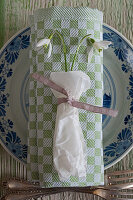Checked napkin and snowdrop on blue-and-white plate