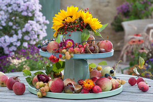 Selbstgebaute Etagere aus Haushaltsutensilien herbstlich dekoriert mit Äpfeln, Zieräpfeln, Hagebutten, Kastanien, Strohblumen und Strauß aus Sonnenblumen und Hagebutten