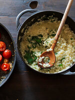 Risotto with herbs and fried cherry tomatoes