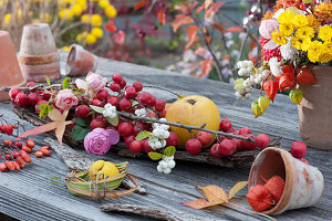 Ornamental apples, quince, rose petals, and snowberries on bark, ornamental quince in Chinese silver grass, and lanterns in a clay pot