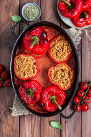 Peppers with tofu rice filling in tomato sauce (vegan)