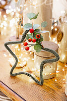 Star made from wire and knitted cord decorated with eucalyptus leaves and berries