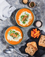 Carrot and coriander soup with roasted bread