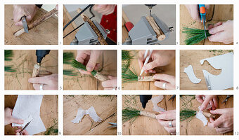 Instructions for making angels made from wood, paper wings and pine-needle hair