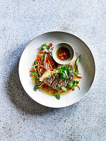 Scored Red Snapper with Green Mango Salad and Lime Chilli Dressing