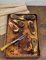 Roasted eggplant on baking tray