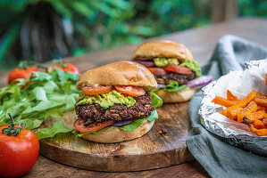 Black bean burgers with sweet potato fries