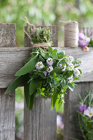 Herbal bouquet made from sage, savory, and oregano tied to a fence